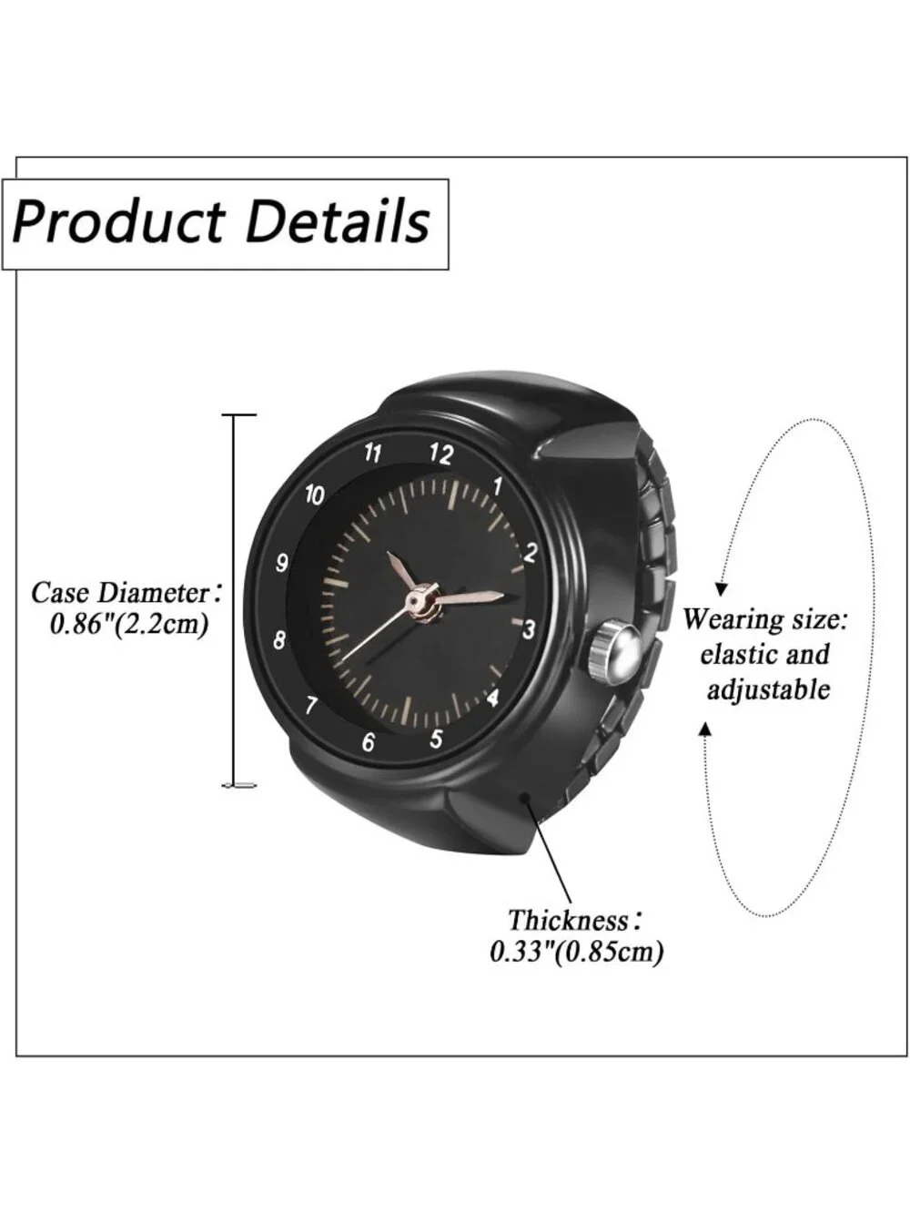 Unisex All Black Analog Quartz Arabic Numerals Stainless Steel Finger Ring Watch